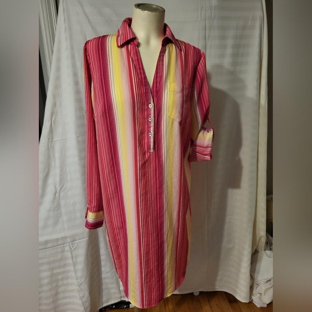 New York & Company Pink and Yellow, Shirt Dress, Size Large